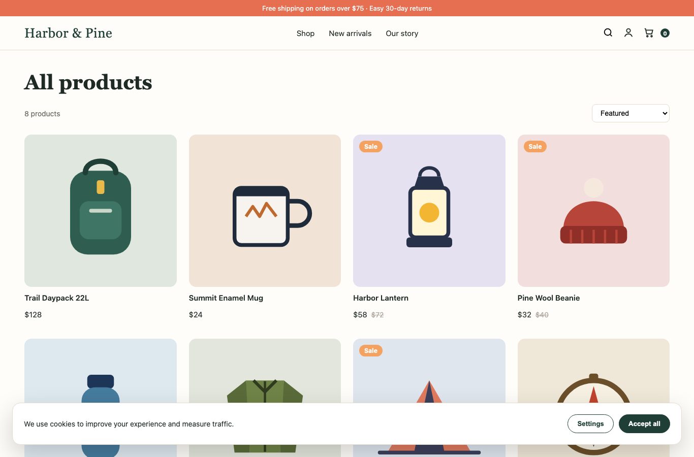 The sample store's collection page as our browser loaded it