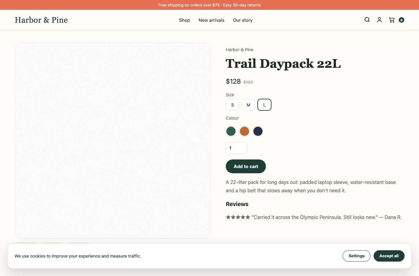 The sample store's product page as our browser loaded it