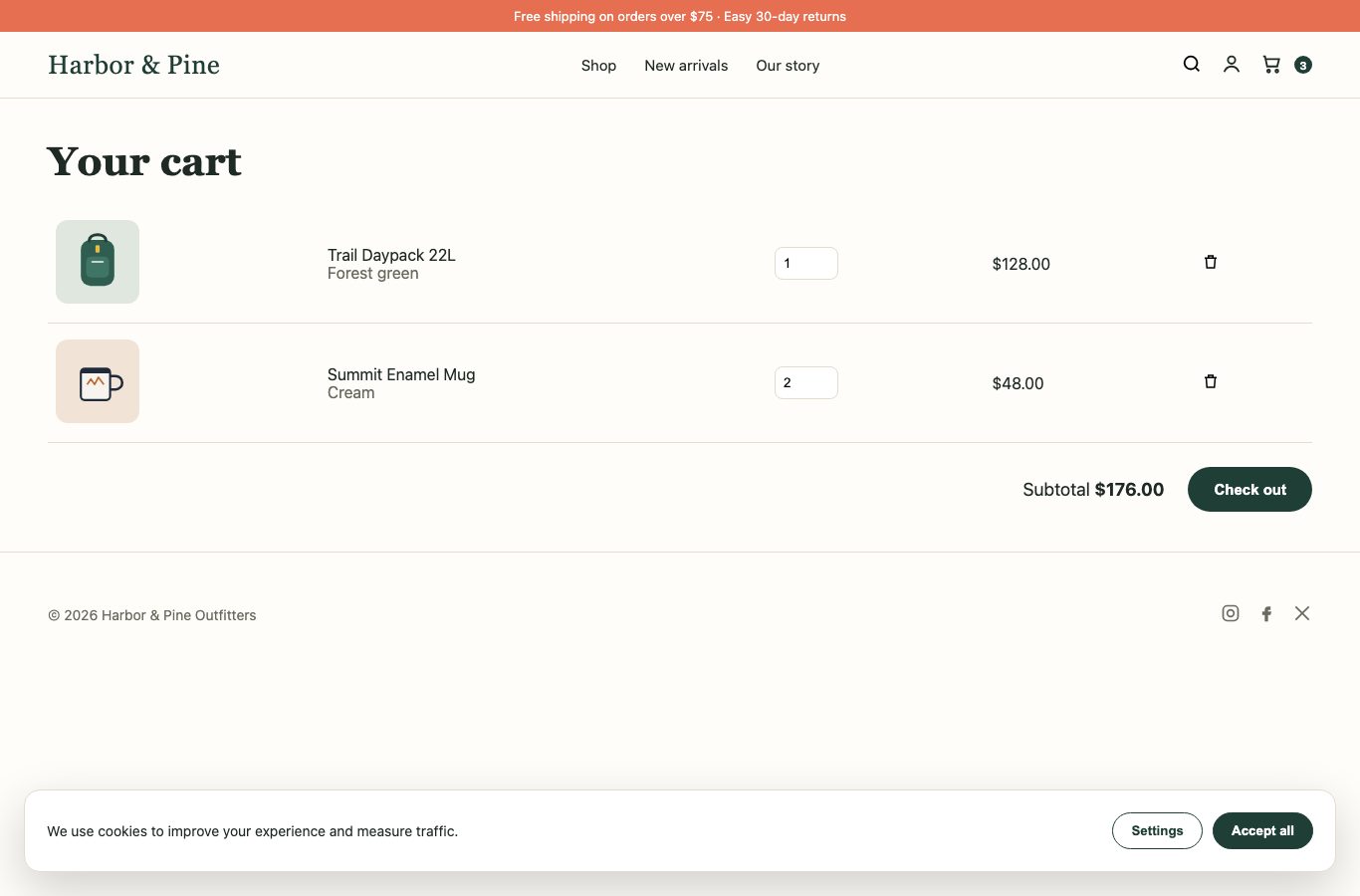 The sample store's cart as our browser loaded it
